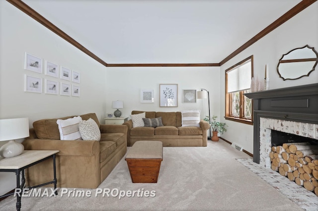 living area featuring carpet floors, a fireplace, visible vents, and crown molding