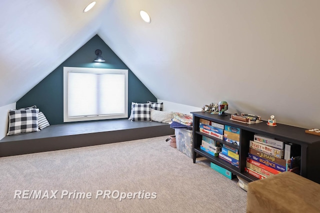 playroom featuring carpet floors, recessed lighting, and vaulted ceiling