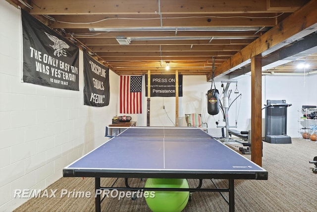 rec room with carpet flooring and concrete block wall