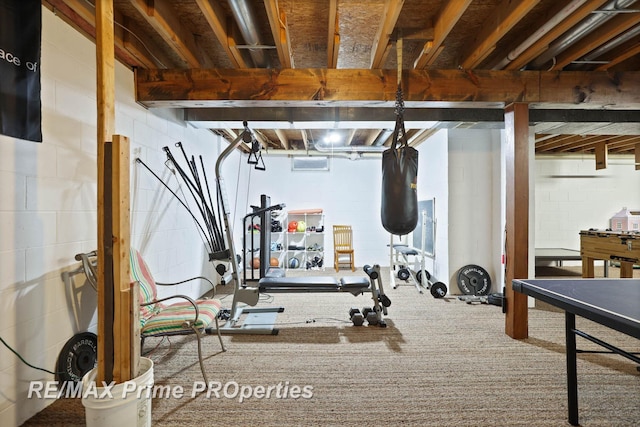 exercise area with carpet floors and concrete block wall