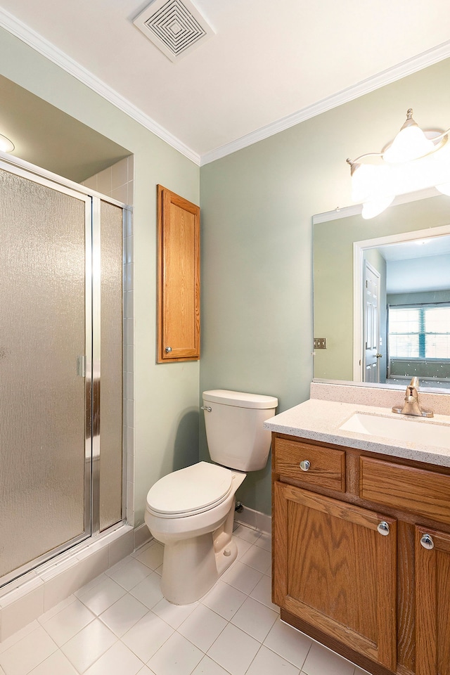 bathroom featuring visible vents, a stall shower, ornamental molding, tile patterned flooring, and toilet