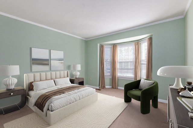 bedroom featuring baseboards, light carpet, and crown molding