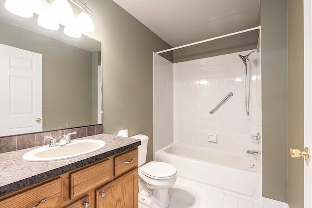 full bath with bathing tub / shower combination, toilet, vanity, and tile patterned flooring