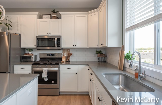 kitchen featuring stainless steel appliances, decorative backsplash, light wood-style floors, white cabinetry, and a sink