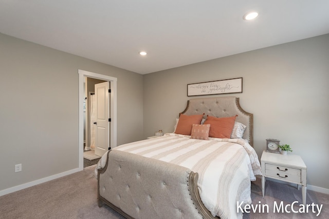 carpeted bedroom with recessed lighting and baseboards