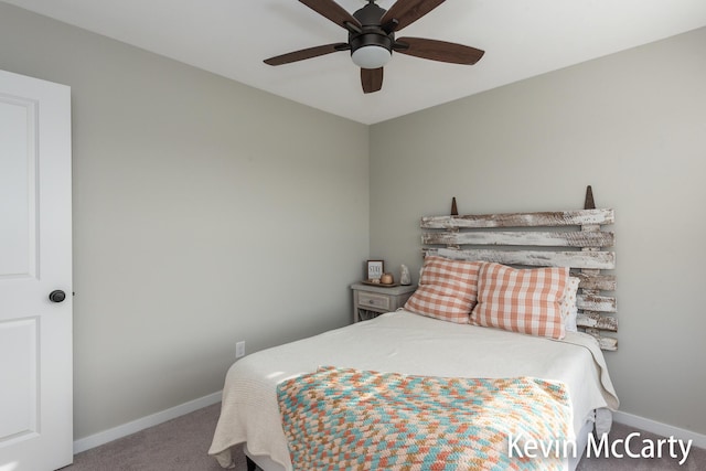 bedroom featuring carpet floors, baseboards, and a ceiling fan