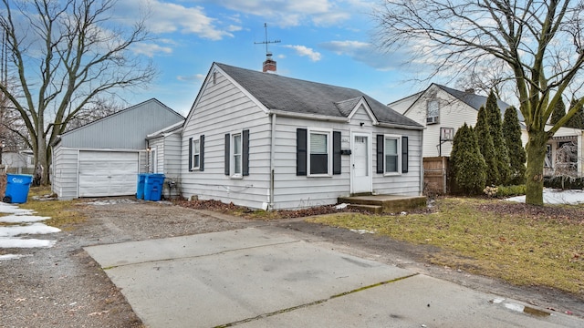 bungalow-style home with driveway, a garage, a chimney, roof with shingles, and fence