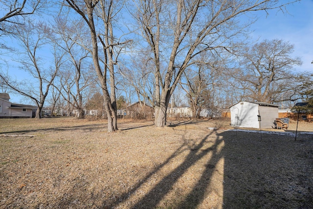 view of yard featuring a storage shed and an outbuilding