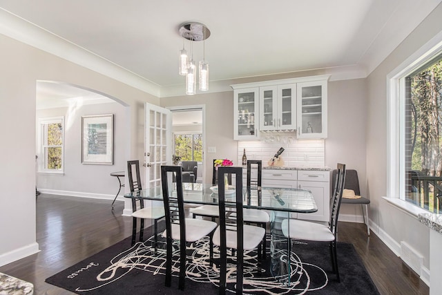 dining space featuring plenty of natural light and dark wood-style flooring