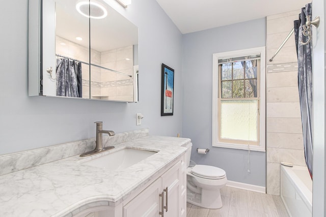 full bathroom with toilet, wood finished floors, vanity, baseboards, and shower / tub combo with curtain