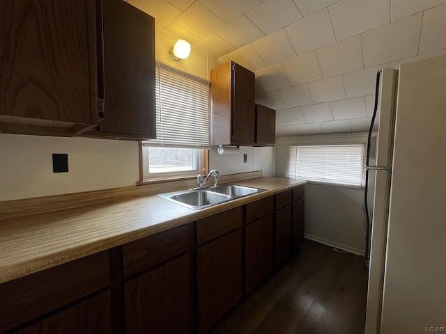 kitchen featuring dark wood-style floors, light countertops, freestanding refrigerator, a sink, and dark brown cabinets