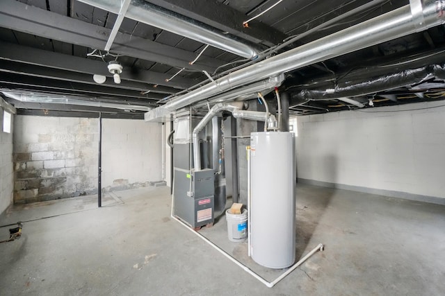 unfinished below grade area featuring gas water heater and heating unit