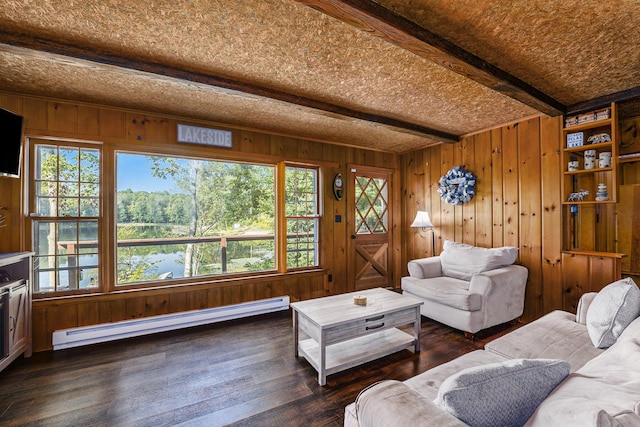 living area with wood walls, beamed ceiling, a baseboard radiator, and dark wood finished floors