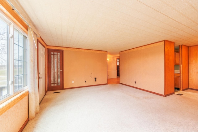 spare room featuring ornamental molding, a healthy amount of sunlight, and light colored carpet