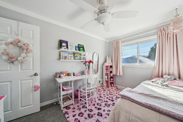 bedroom featuring carpet floors, ceiling fan, and baseboards