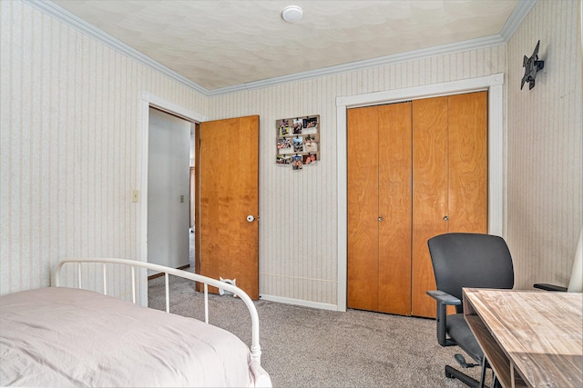 bedroom featuring ornamental molding and wallpapered walls