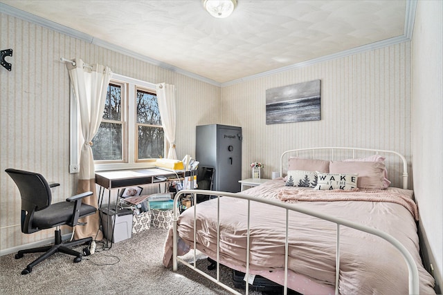 carpeted bedroom with crown molding and wallpapered walls