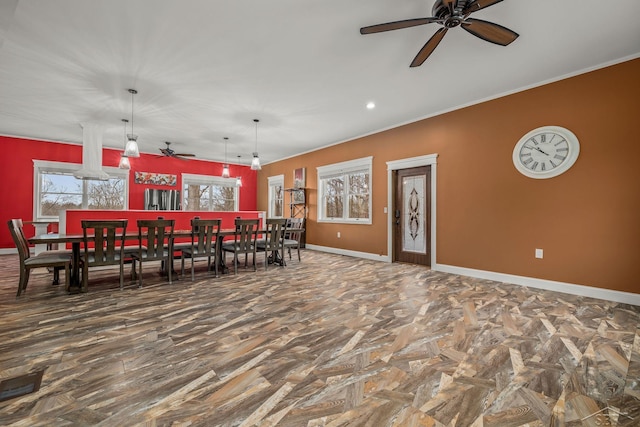 dining space with recessed lighting, ceiling fan, crown molding, visible vents, and baseboards