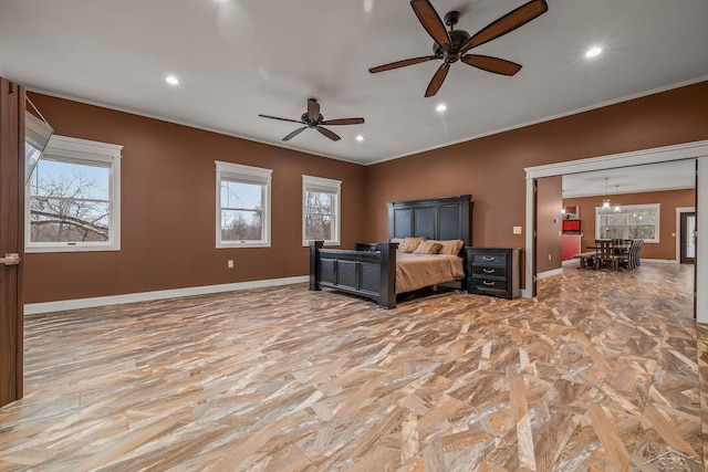 unfurnished bedroom featuring ornamental molding, recessed lighting, baseboards, and a ceiling fan