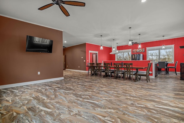 dining space featuring recessed lighting, a ceiling fan, and baseboards