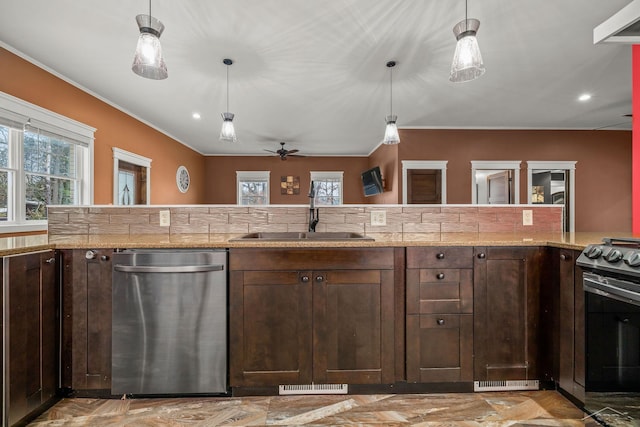 kitchen featuring dark brown cabinetry, visible vents, stainless steel dishwasher, a sink, and range with electric stovetop