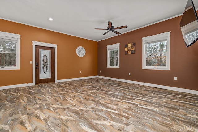 unfurnished room featuring a ceiling fan, baseboards, crown molding, and recessed lighting