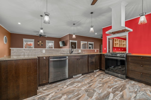 kitchen with dark brown cabinetry, a ceiling fan, ventilation hood, stainless steel appliances, and a sink