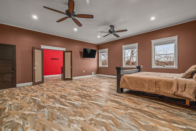 bedroom with ornamental molding, recessed lighting, a ceiling fan, and baseboards