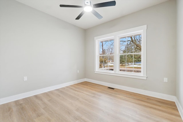 empty room featuring a ceiling fan, visible vents, light wood-style flooring, and baseboards