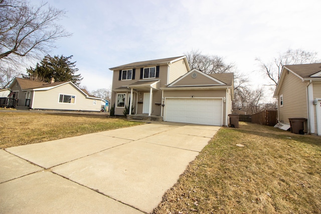 traditional-style home featuring a garage, concrete driveway, a front yard, and fence