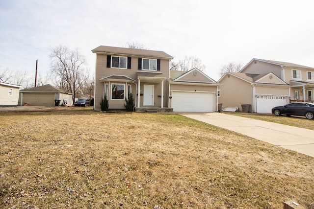 traditional-style house featuring a front yard and concrete driveway