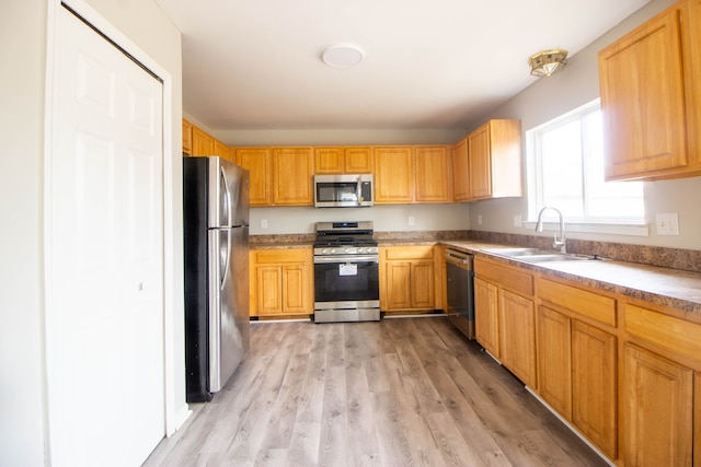 kitchen with light wood-style floors, appliances with stainless steel finishes, light countertops, and a sink