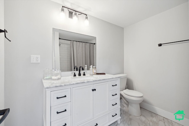 bathroom featuring baseboards, toilet, a shower with curtain, marble finish floor, and vanity