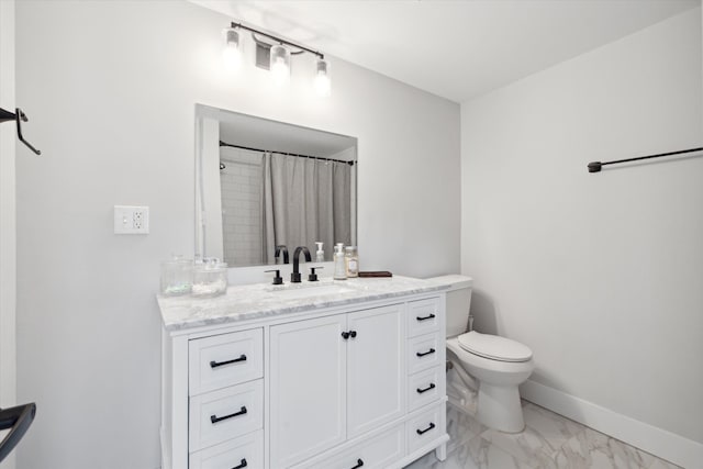 bathroom featuring vanity, baseboards, curtained shower, toilet, and marble finish floor