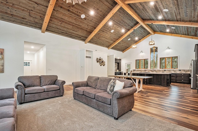 living area featuring dark wood-style floors, wood ceiling, high vaulted ceiling, and beam ceiling