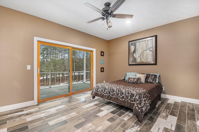 bedroom with access to outside, ceiling fan, baseboards, and wood finished floors