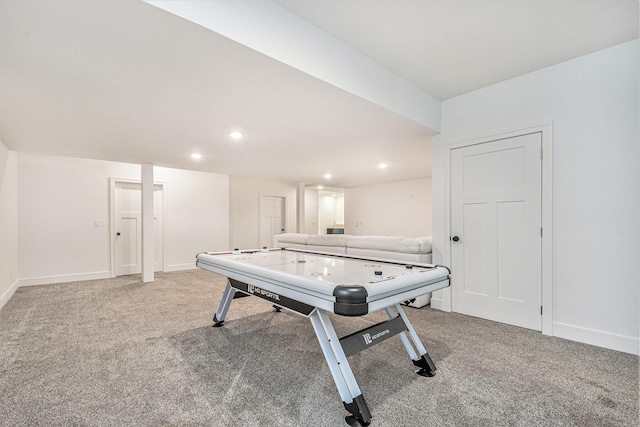 game room with carpet floors, recessed lighting, and baseboards