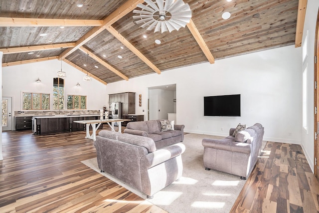 living area with baseboards, hardwood / wood-style flooring, wood ceiling, beamed ceiling, and high vaulted ceiling