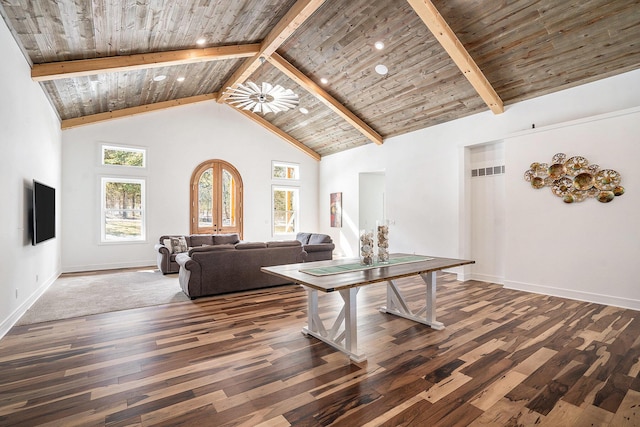 living area featuring high vaulted ceiling, wood ceiling, beam ceiling, and wood finished floors