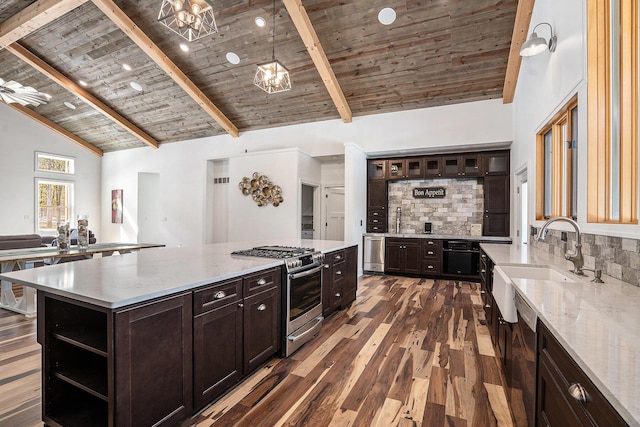 kitchen with wood ceiling, appliances with stainless steel finishes, dark wood finished floors, and a sink