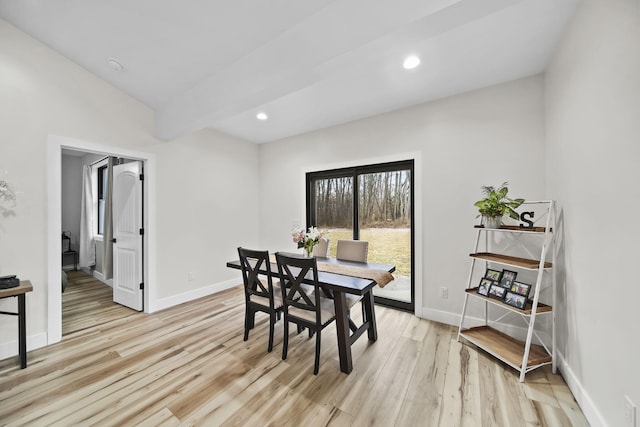 7450 Sears Rd, Horton, MI 49246 - dining room featuring light wood-style floors, baseboards, beamed ceiling, and recessed lighting
