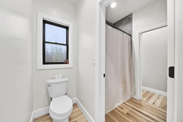7450 Sears Rd, Horton, MI 49246 - full bathroom featuring a shower with curtain, toilet, baseboards, and wood finished floors