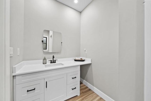 7450 Sears Rd, Horton, MI 49246 - bathroom featuring baseboards, wood finished floors, and vanity