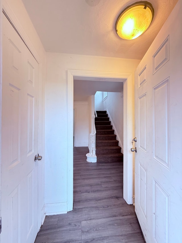 corridor featuring stairway and dark wood-type flooring