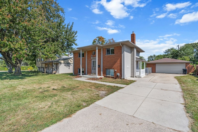 34134 Dequindre Rd, Sterling Heights, MI 48310 - view of front of home with a chimney, brick siding, a garage, an outdoor structure, and a front lawn