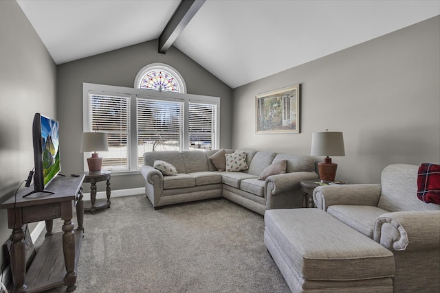 living room featuring carpet floors, vaulted ceiling with beams, and baseboards