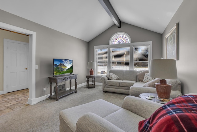 living room featuring lofted ceiling with beams, baseboards, and carpet flooring