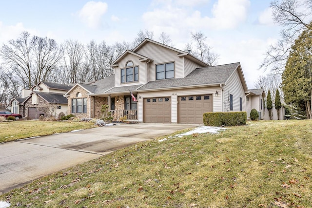 traditional home featuring a garage, a shingled roof, concrete driveway, a front lawn, and brick siding