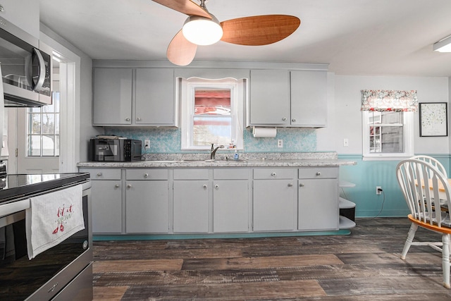 kitchen with dark wood-style floors, stainless steel appliances, a sink, and backsplash