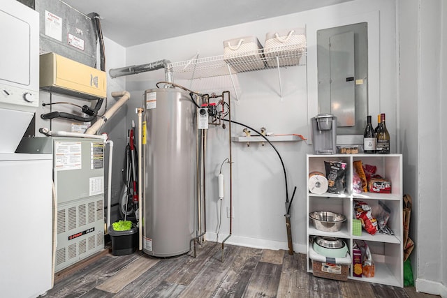 utility room with electric panel, water heater, and heating unit